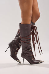 AKIRA GOLD PANTOUM CHOCOLATE CROC STILETTO BOOT