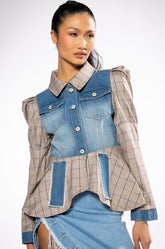DC MIX MATERIAL DENIM PLAID BLAZER