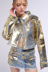 PROCEED WITH CAUTION METALLIC DENIM BUTTON DOWN