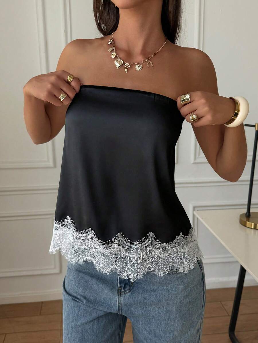 French Satin Lace Patchwork Hem Elegant Sexy Bandeau Top, Beach Vacation, Travel Outfit Summer