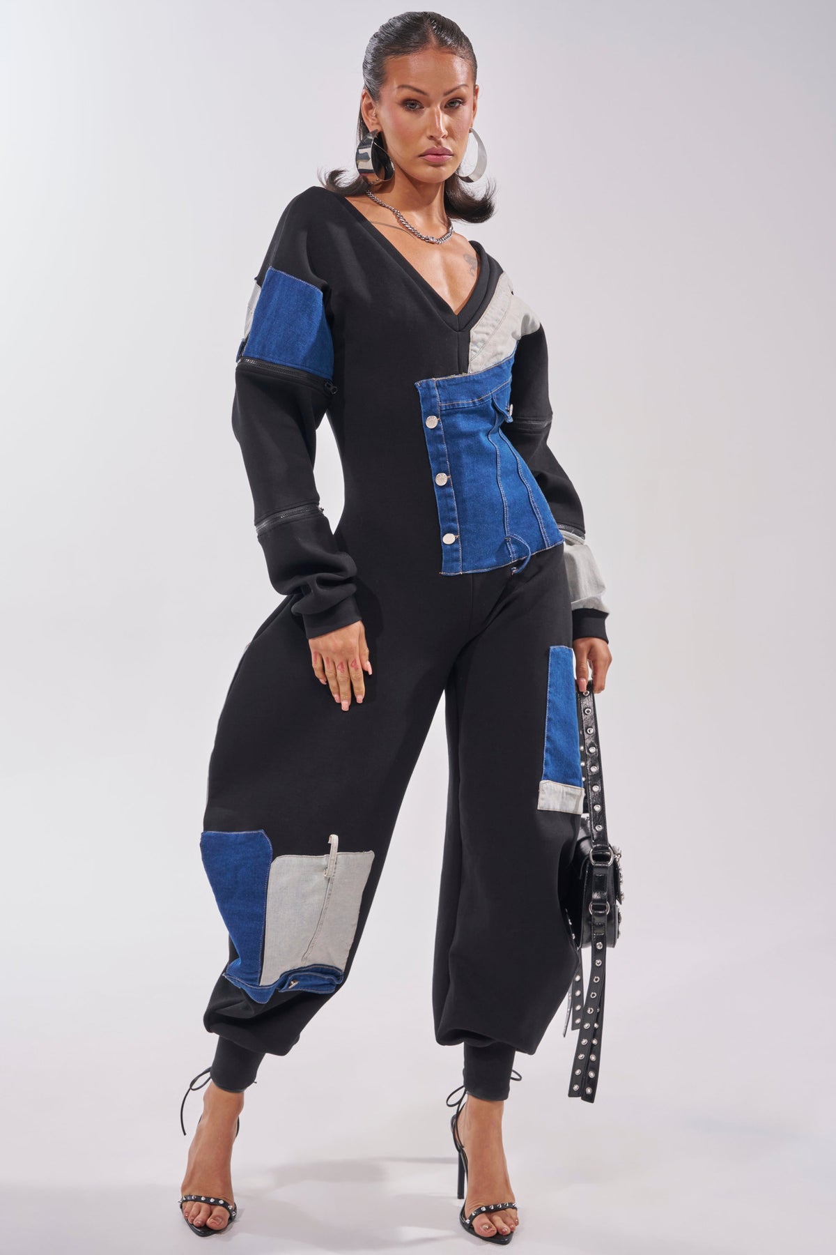 COMFY COZY SWEATSHIRT JUMPSUIT IN PATCHWORK DENIM IN BLACK