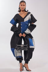 COMFY COZY SWEATSHIRT JUMPSUIT IN PATCHWORK DENIM IN BLACK