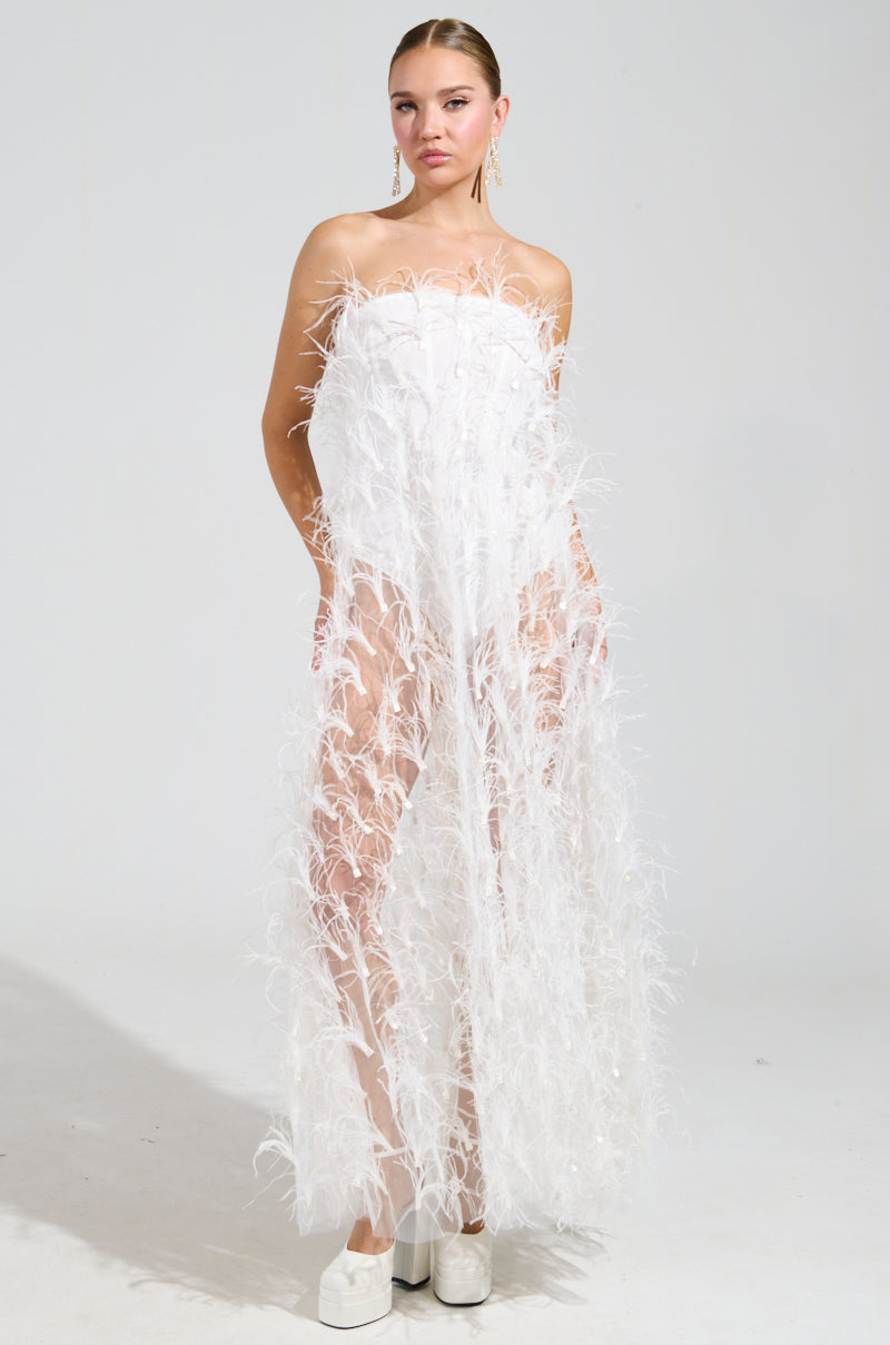 ONE OF A KIND FEATHER MAXI DRESS