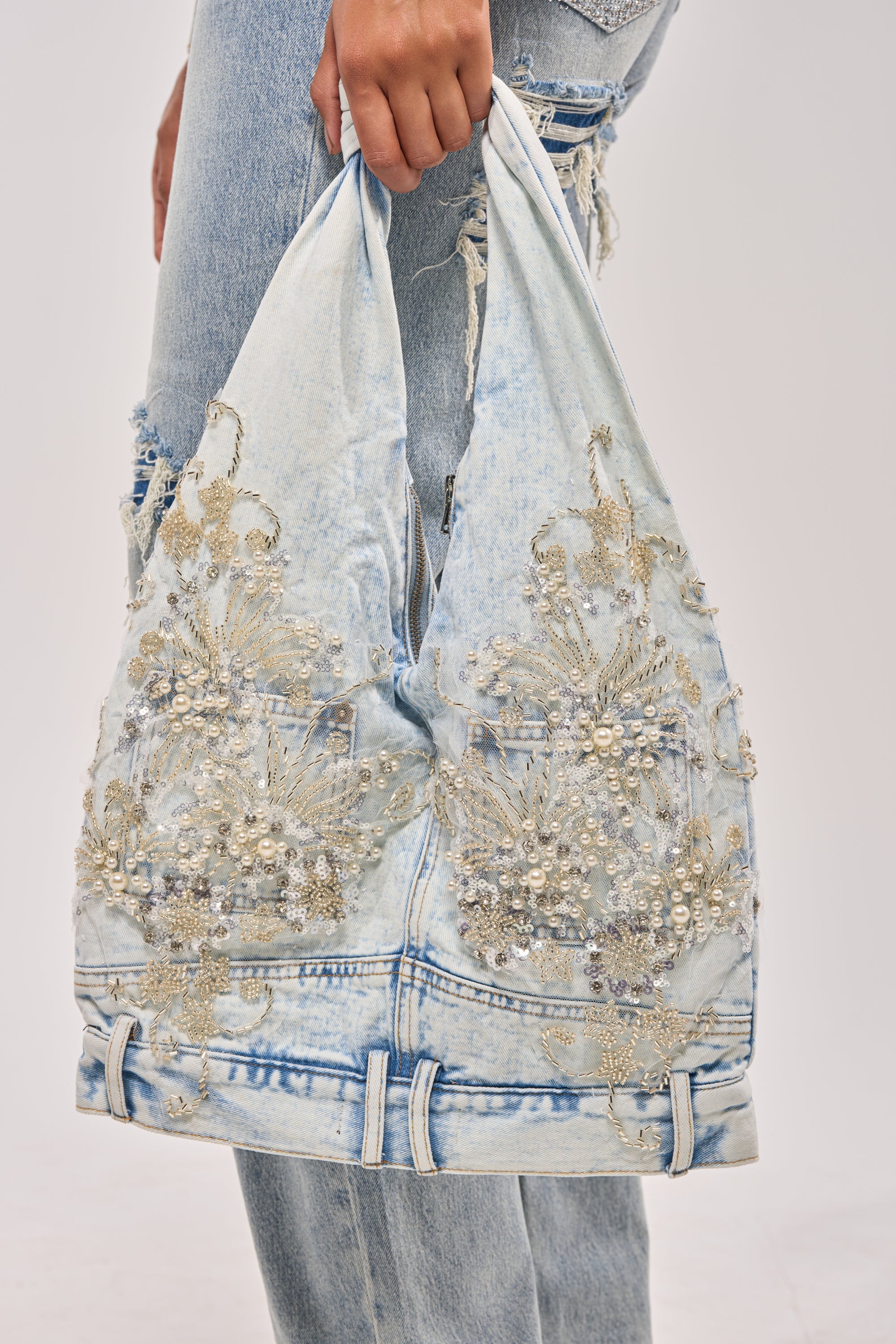 BLESSING IN DENIM EMBELLISHED SHOULDER BAG