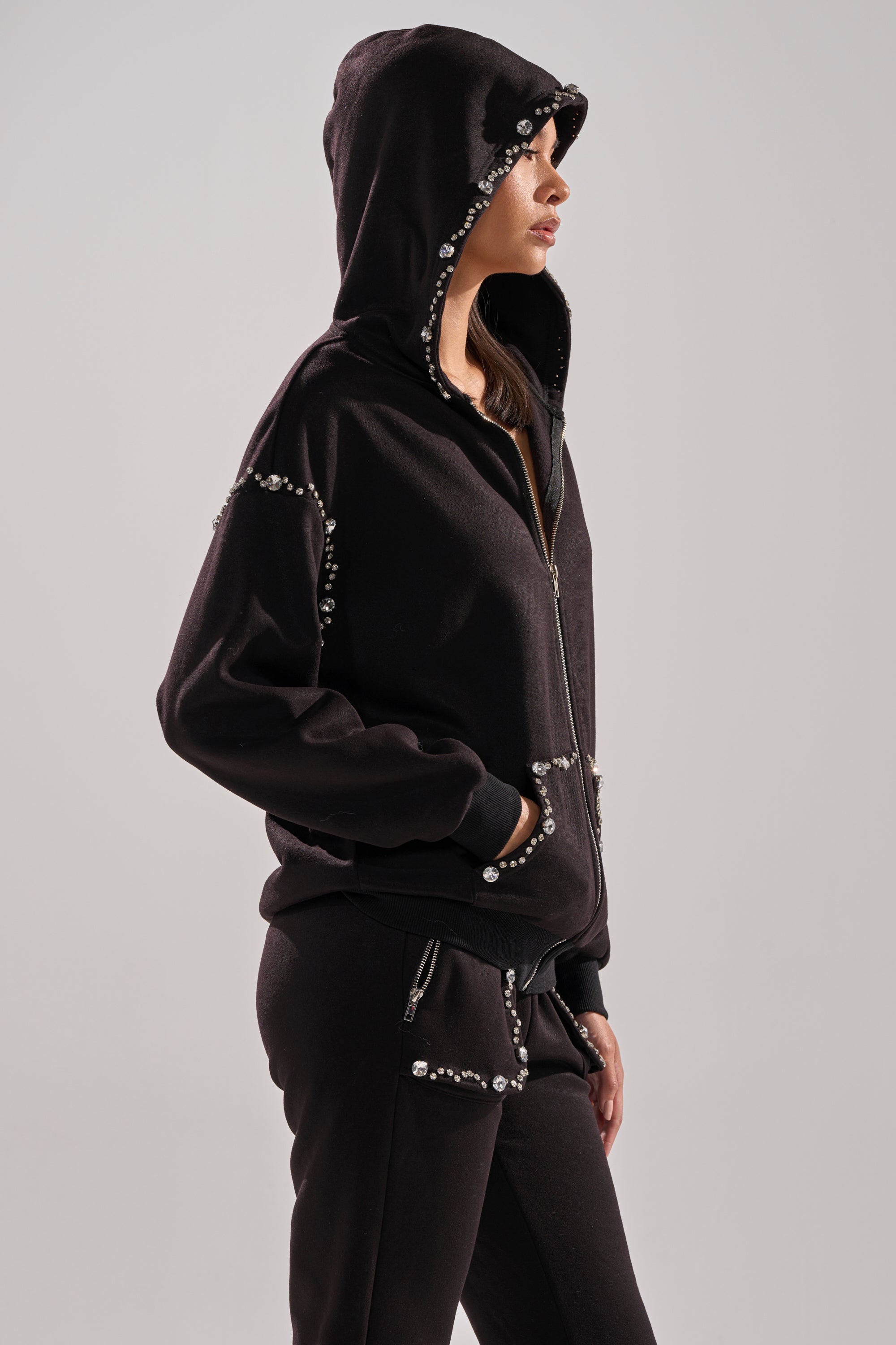 COZY HOLIDAY RHINESTONE ZIP UP SWEATSHIRT IN BLACK