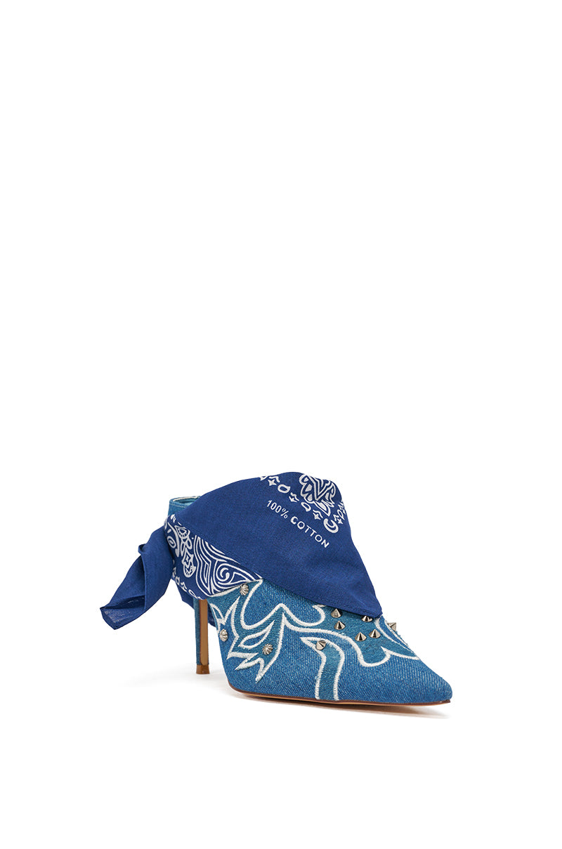 AZALEA WANG TAVINE DENIM MULE PUMP WITH BANDANA DETAIL
