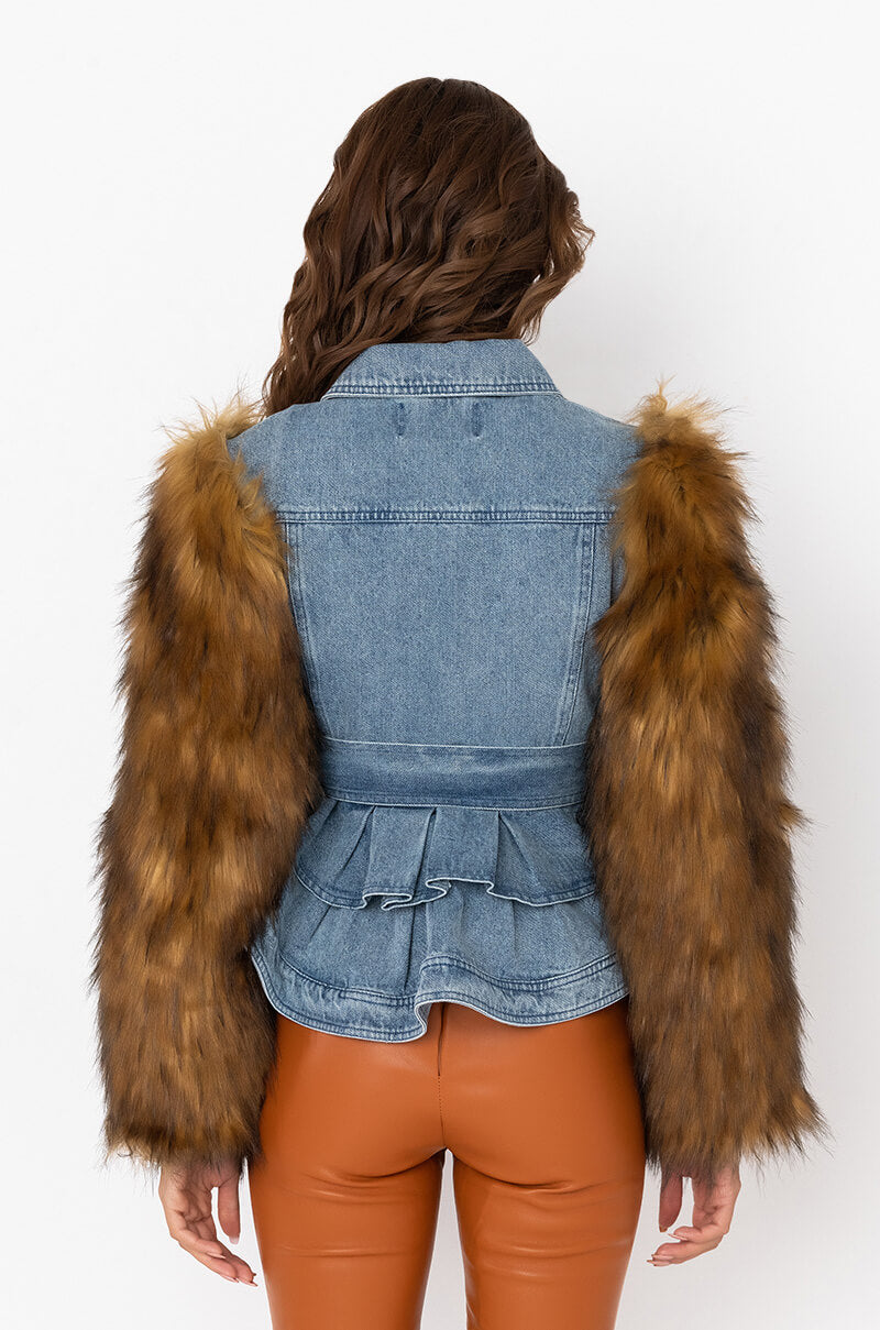 AZALEA WANG PORTUGAL DENIM FAUX FUR ARM JACKET