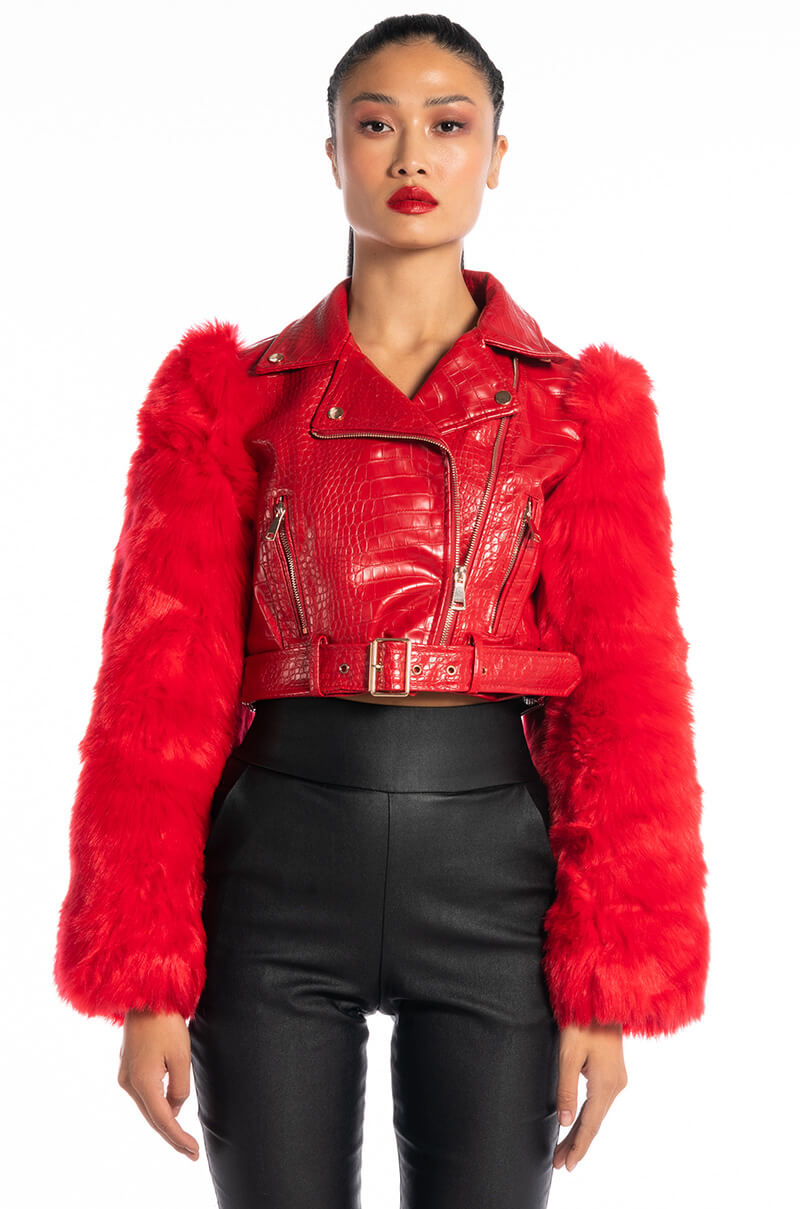 AZALEA WANG RED NOLLA FAUX FUR ARMS CROC MOTO JACKET