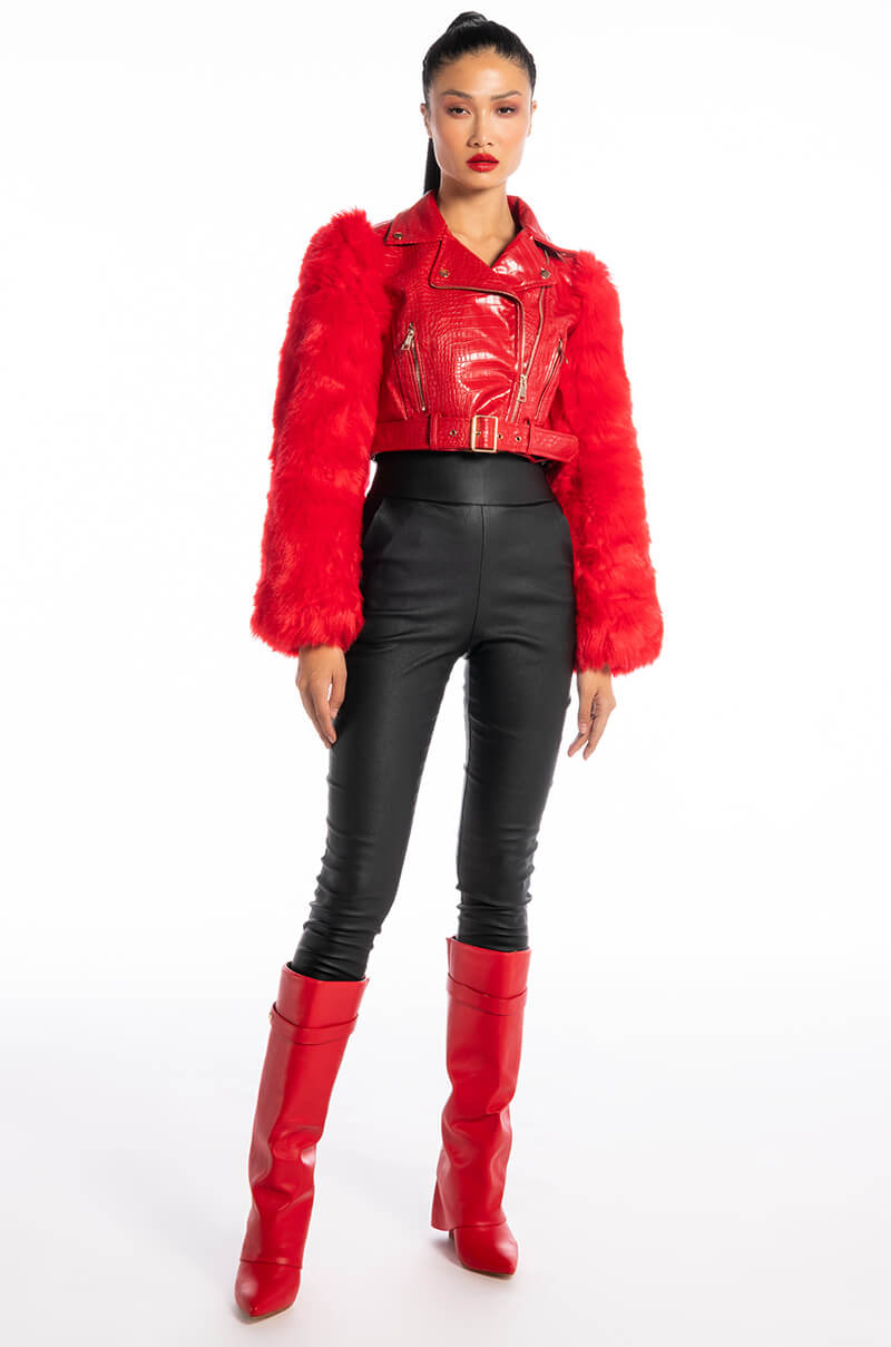 AZALEA WANG RED NOLLA FAUX FUR ARMS CROC MOTO JACKET