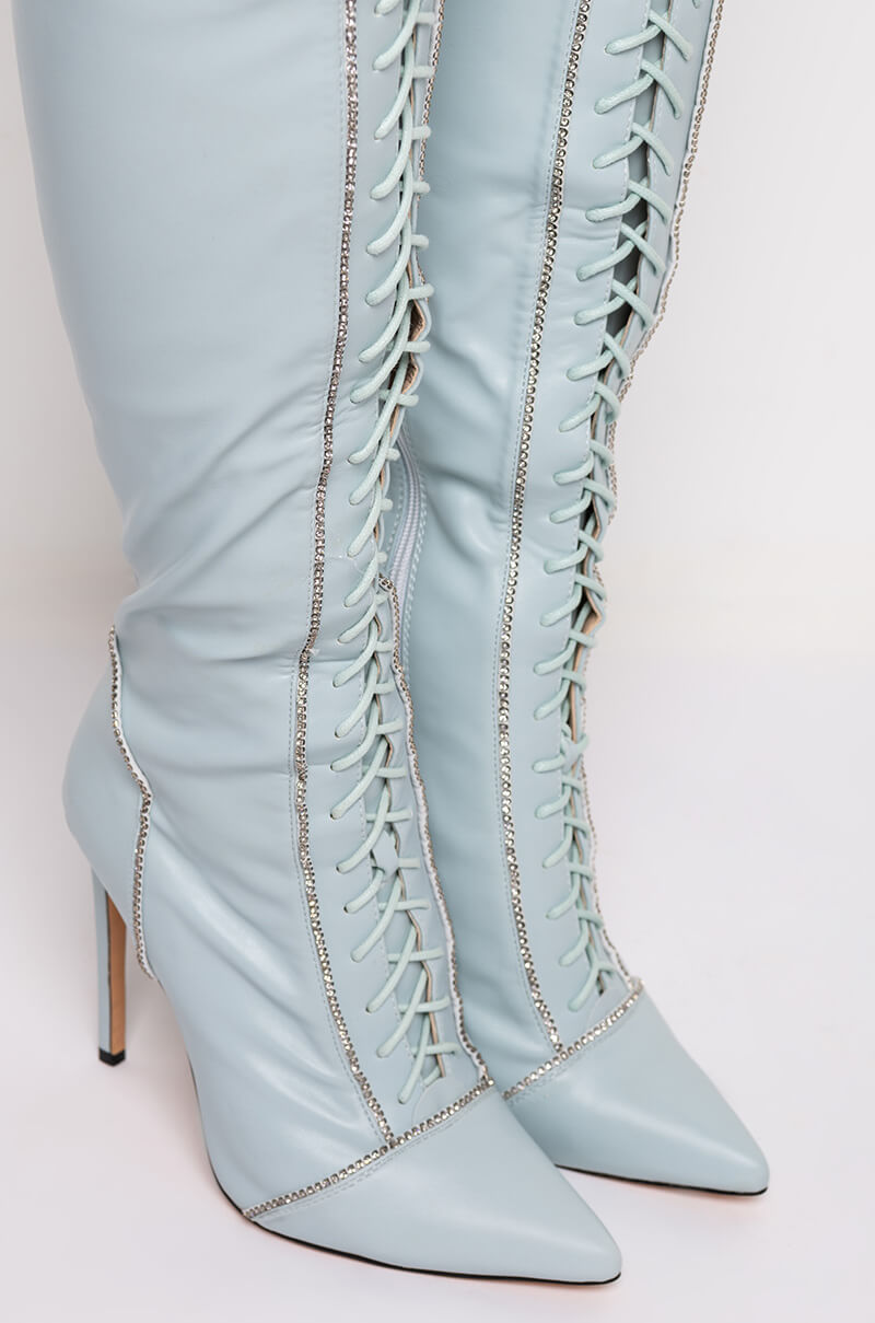 AZALEA WANG STOP STAND THE DRAMA STILETTO BOOT IN BLUE