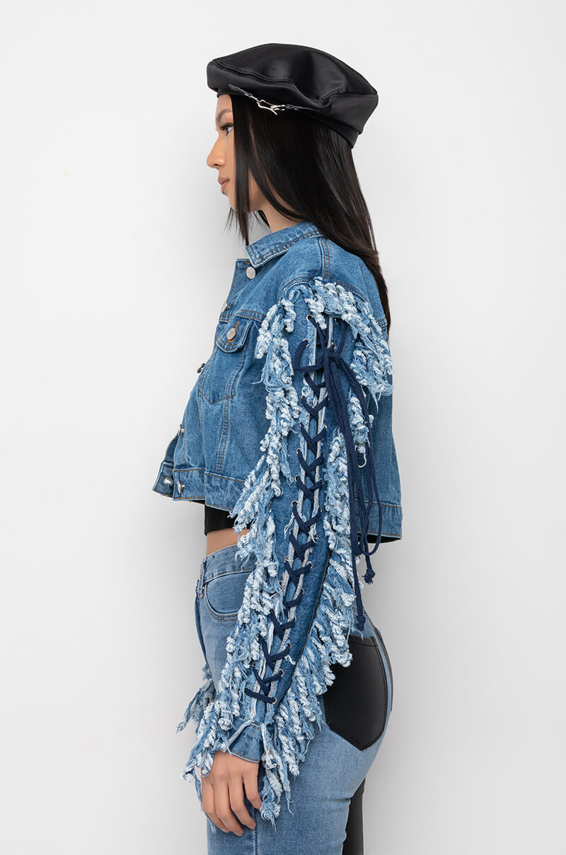 AZALEA WANG RINNA LACE UP FRINGE DENIM JACKET