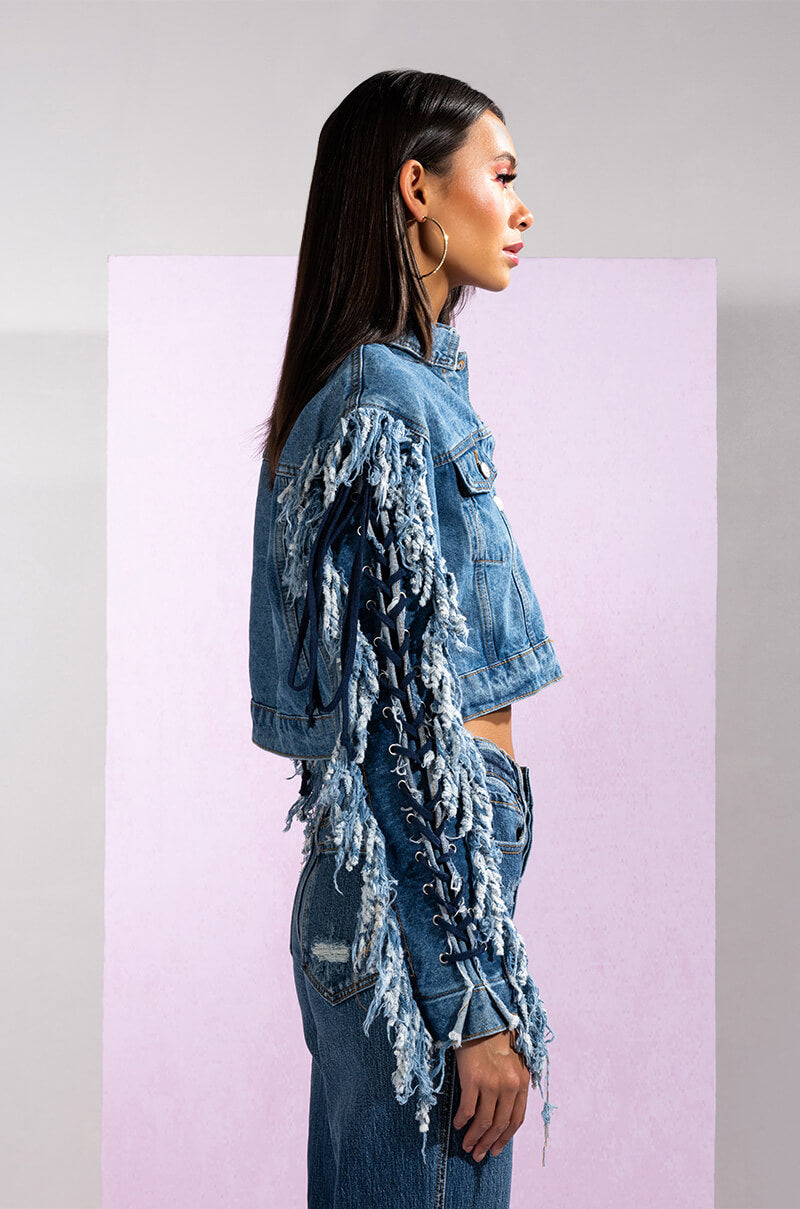 AZALEA WANG RINNA LACE UP FRINGE DENIM JACKET