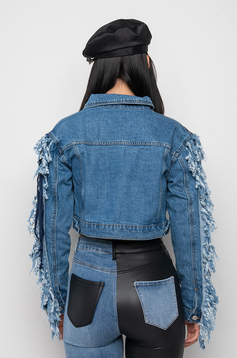 AZALEA WANG RINNA LACE UP FRINGE DENIM JACKET