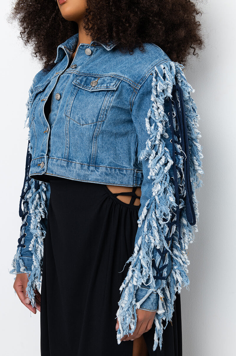 AZALEA WANG RINNA LACE UP FRINGE DENIM JACKET