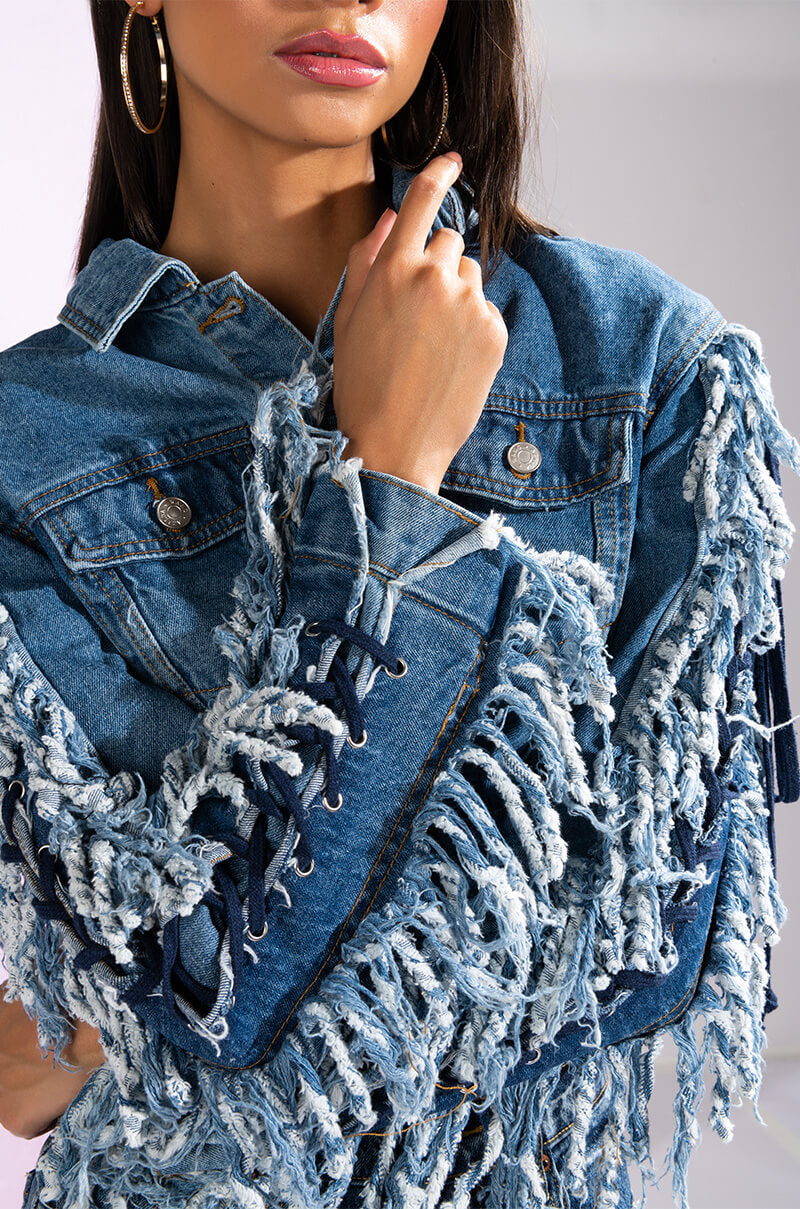 AZALEA WANG RINNA LACE UP FRINGE DENIM JACKET