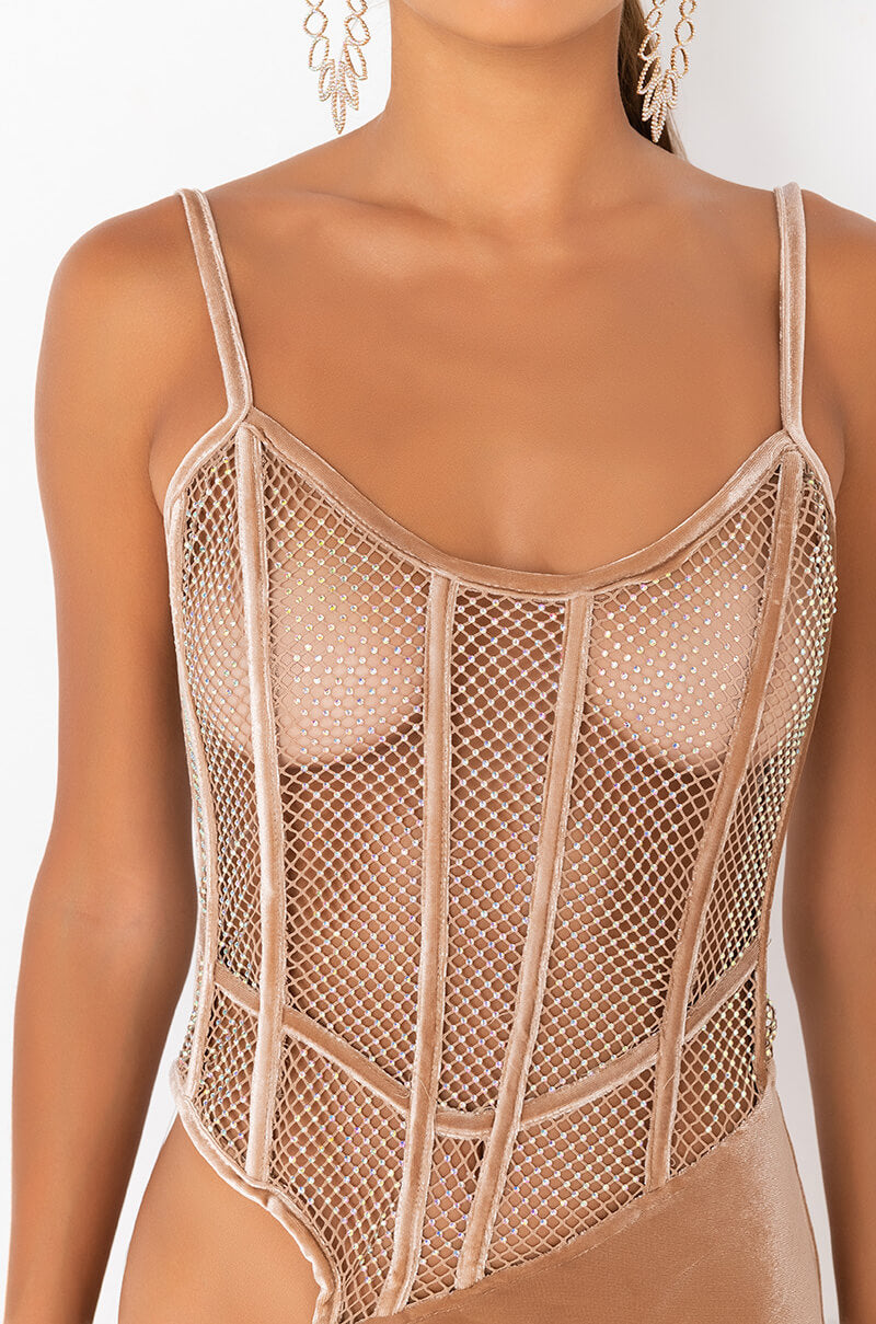 BEEN THAT BITCH CUTOUT MESH MINI DRESS LIGHT BROWN