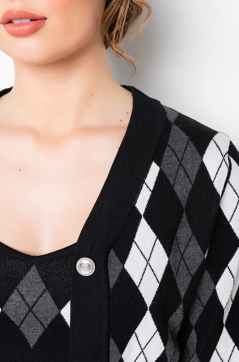 BIRDIE ARGYLE CROPPED CARDIGAN