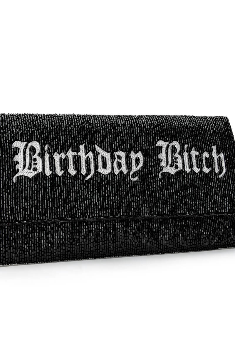 BIRTHDAY BITCH BEADED CLUTCH