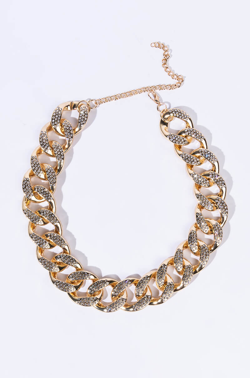 BLAME IT ON ME GOLD RHINESTONE CHAIN NECKLACE