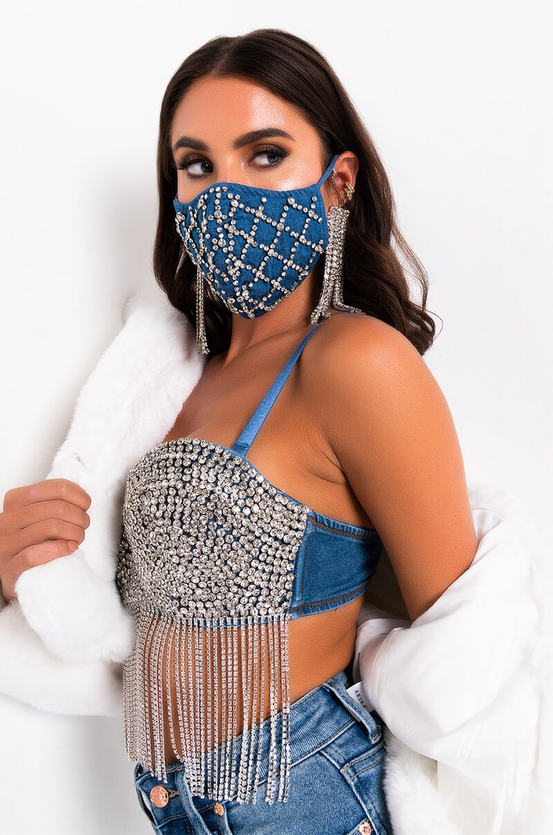 BLING BABY DENIM RHINESTONE FASHION FACE COVER