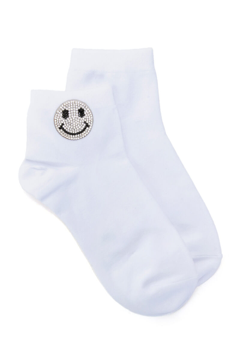BLING SMILEY FACE SOCKS IN WHITE