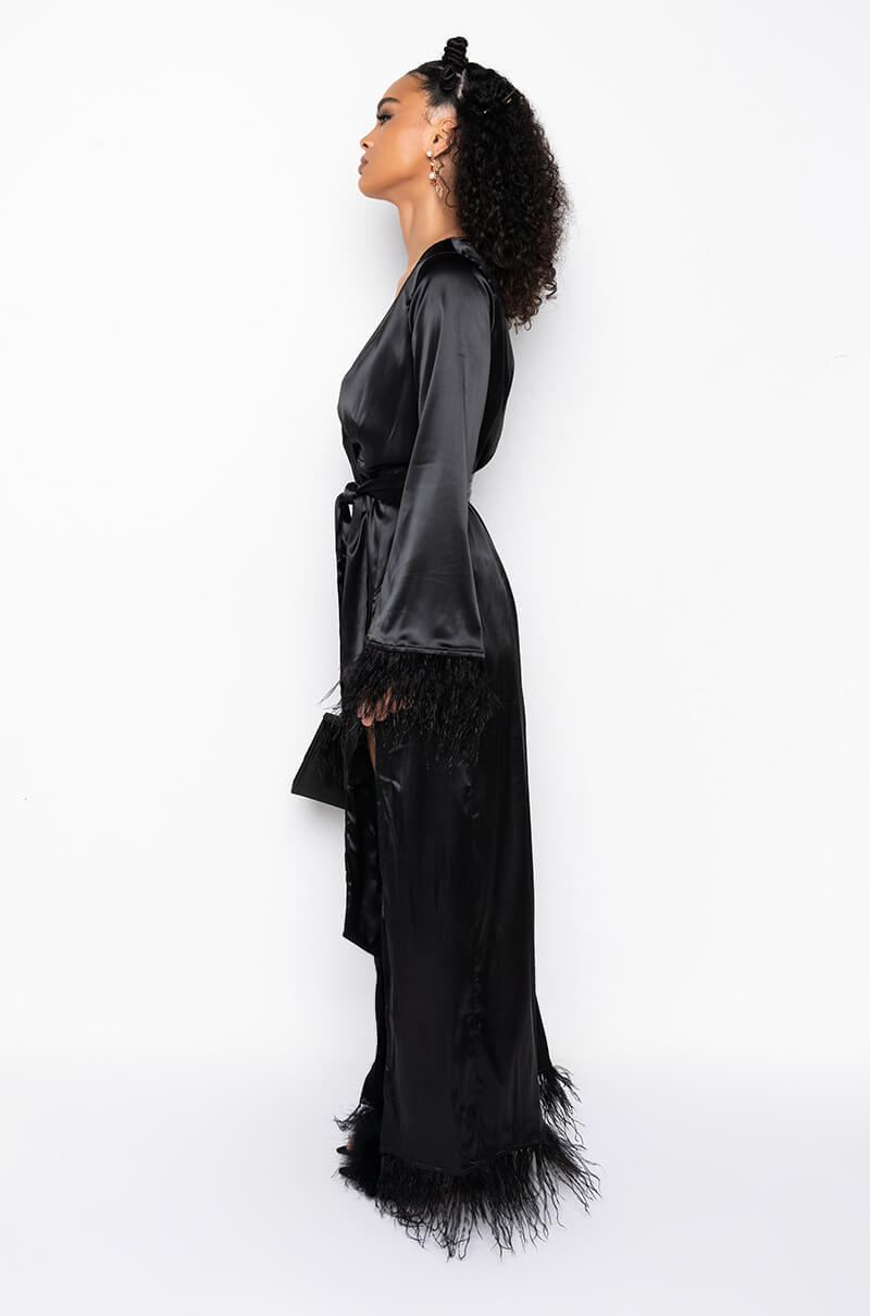 BOSS UP HONEY MAXI DRESS WITH FEATHER TRIM BLACK