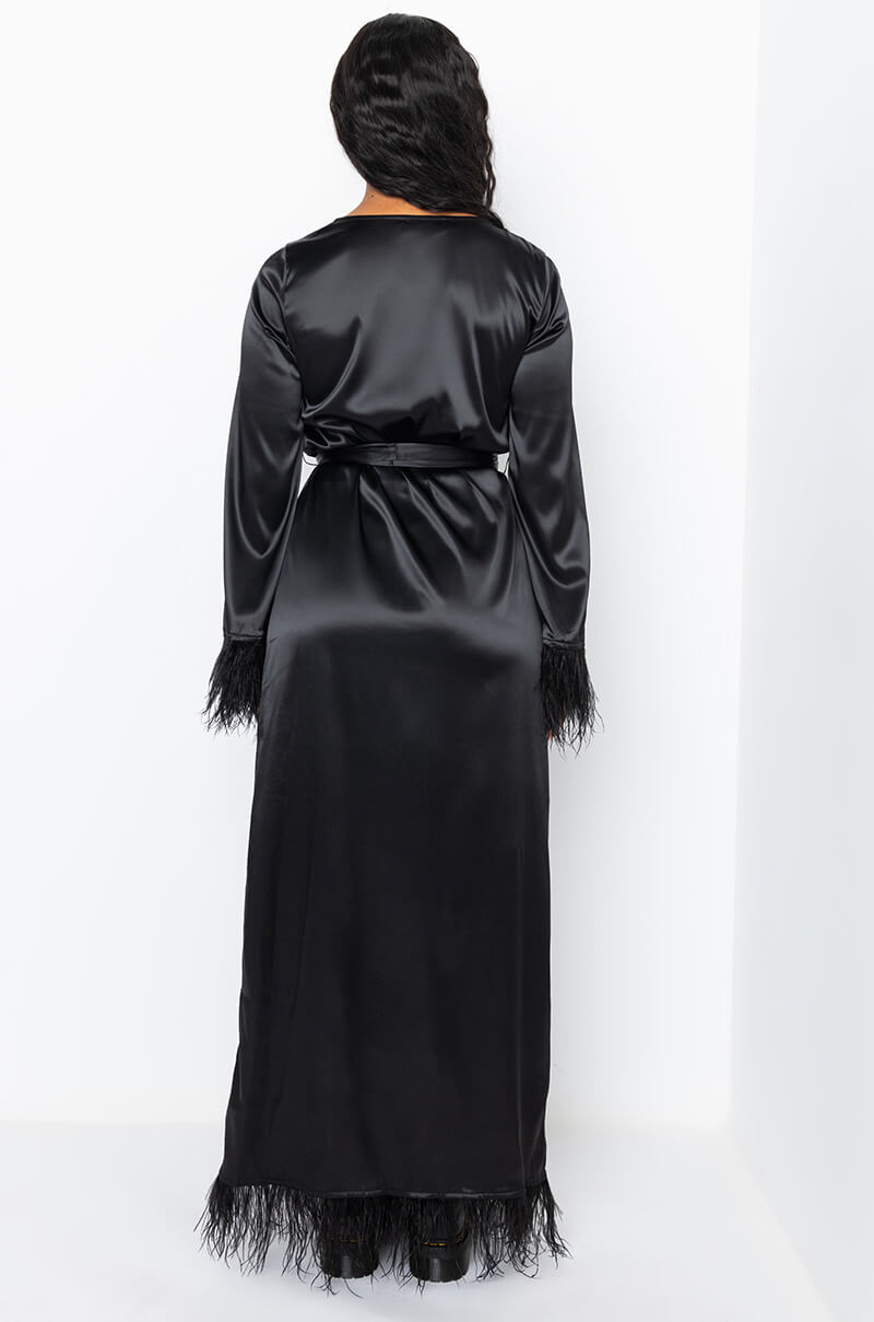 BOSS UP HONEY MAXI DRESS WITH FEATHER TRIM BLACK