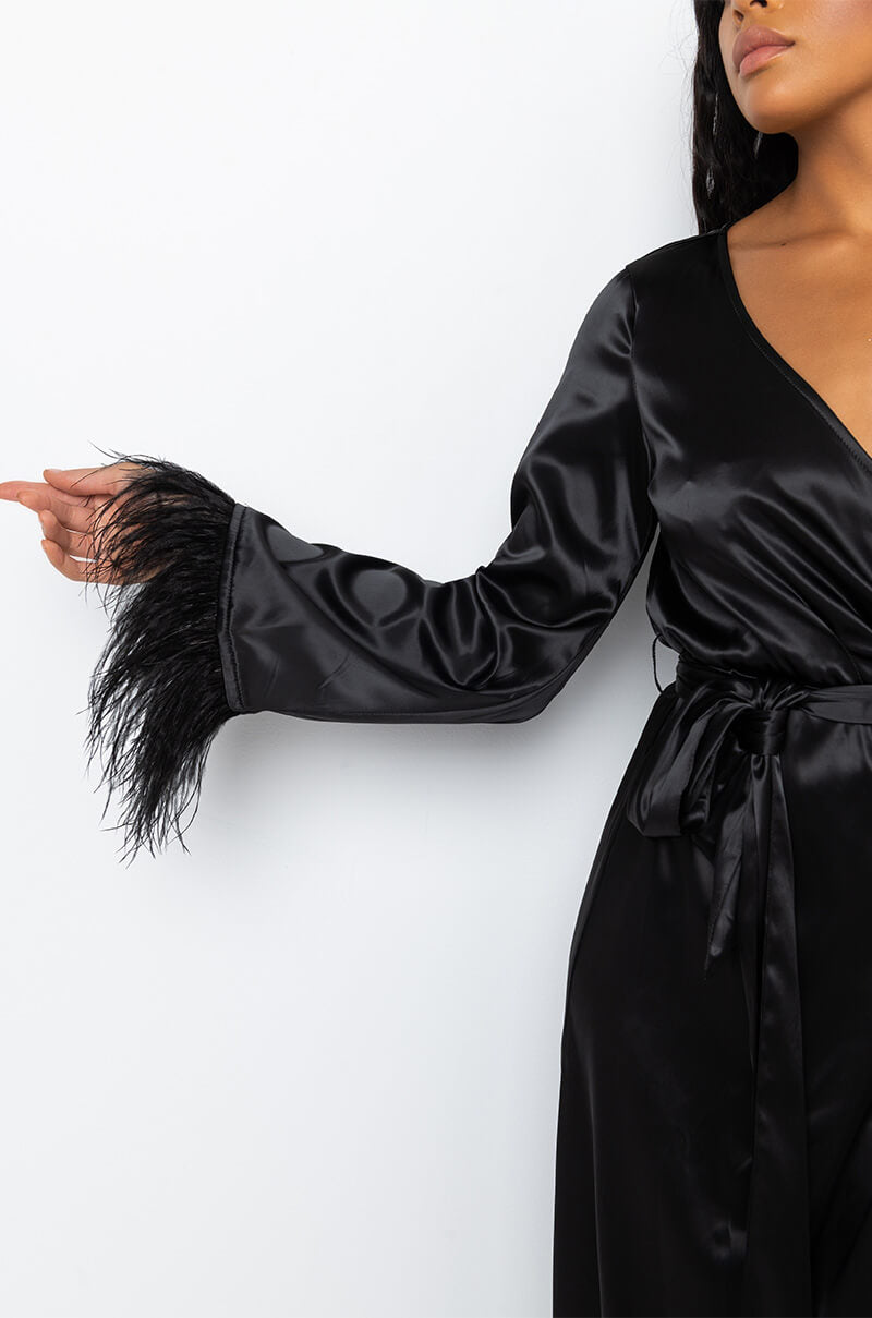 BOSS UP HONEY MAXI DRESS WITH FEATHER TRIM BLACK