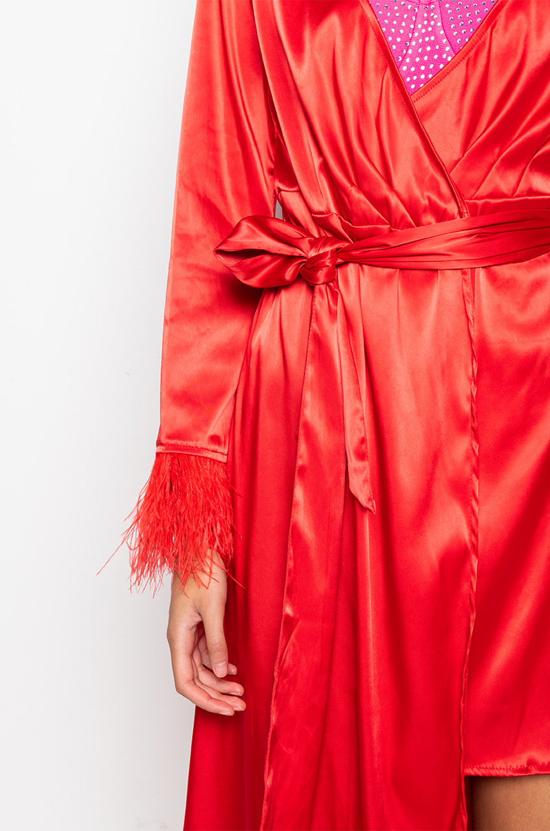 BOSS UP HONEY MAXI DRESS WITH FEATHER TRIM RED