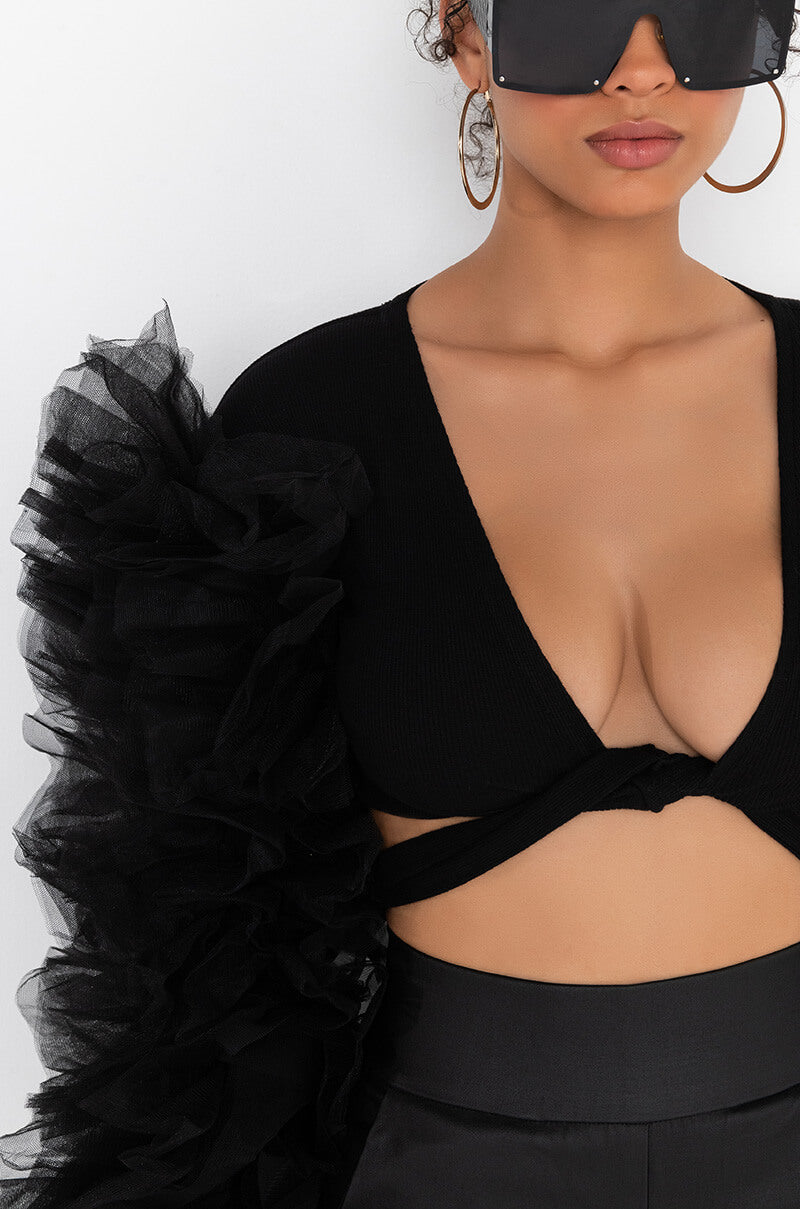 BRING IT OUT PUFF SLEEVE TIE FRONT TOP BLACK