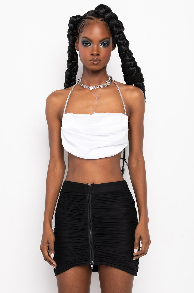 CAN'T COMPARE RHINESTONE STRAP SATIN CROP TOP WHITE