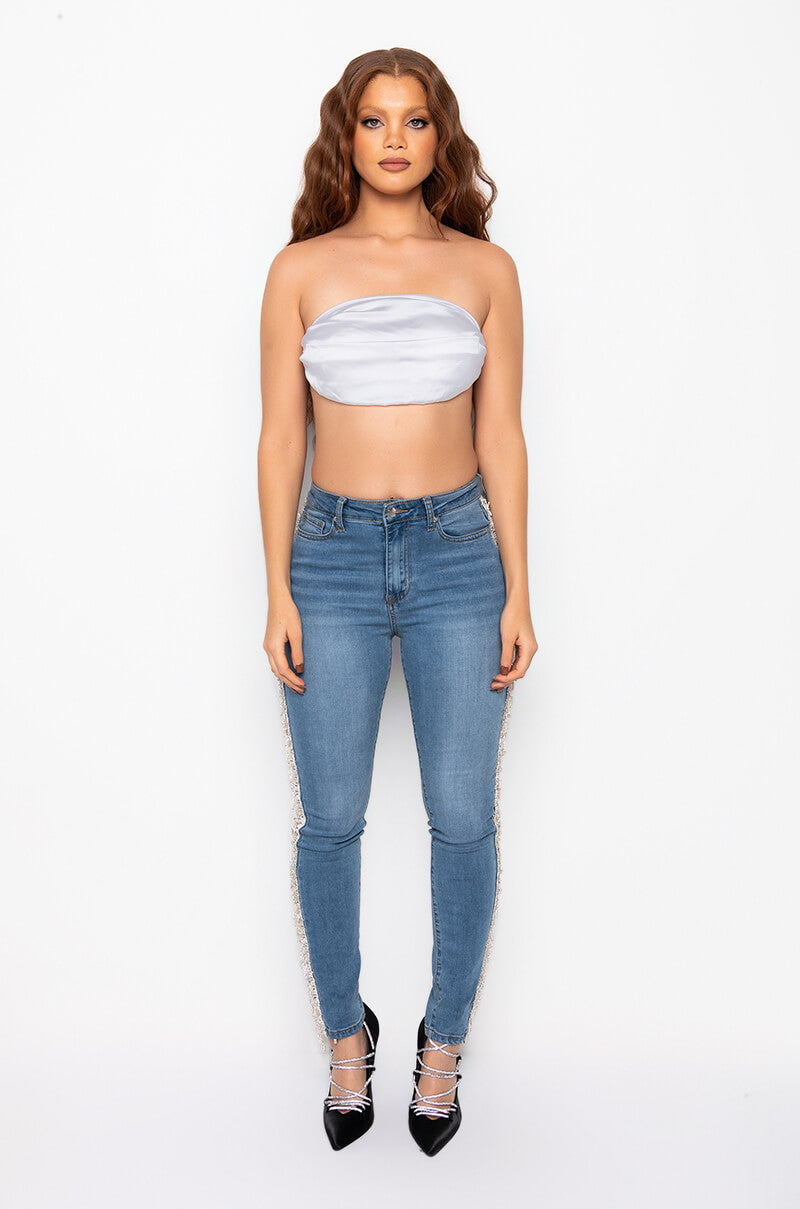 CAN'T COMPARE RHINESTONE STRAP SATIN CROP TOP WHITE