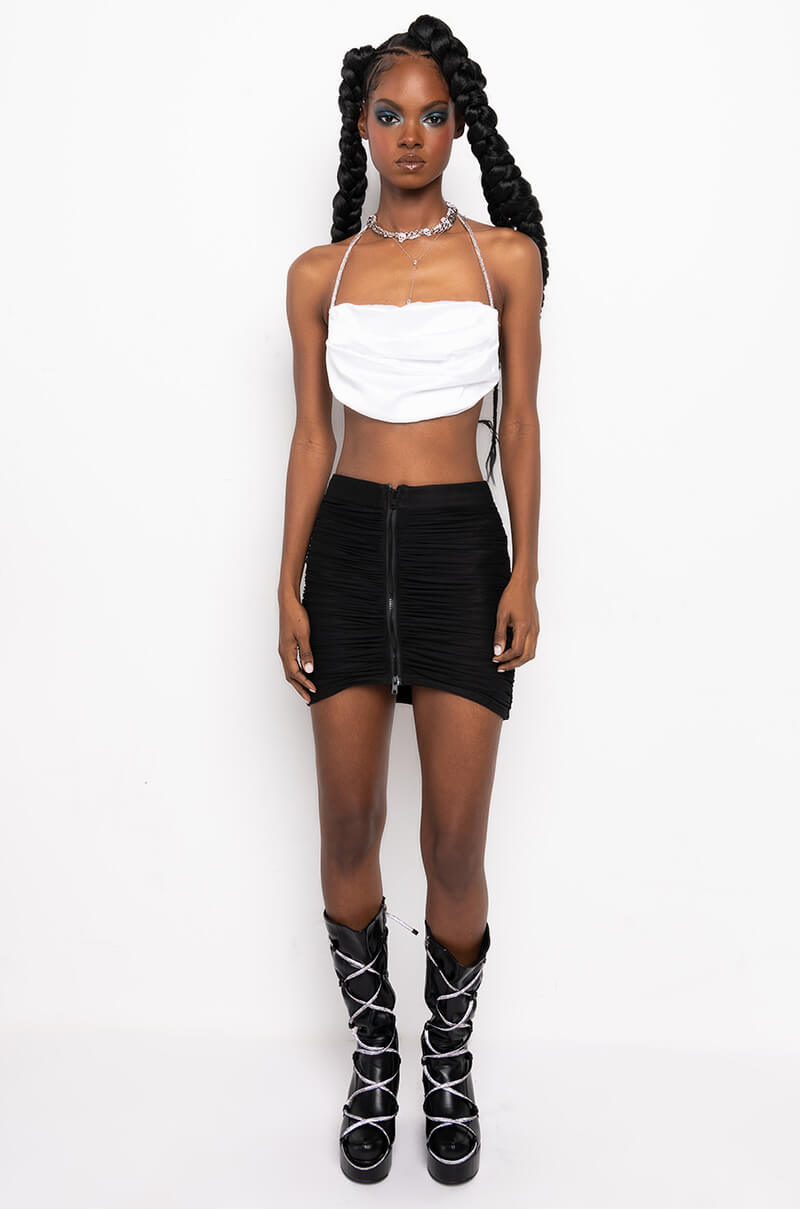 CAN'T COMPARE RHINESTONE STRAP SATIN CROP TOP WHITE