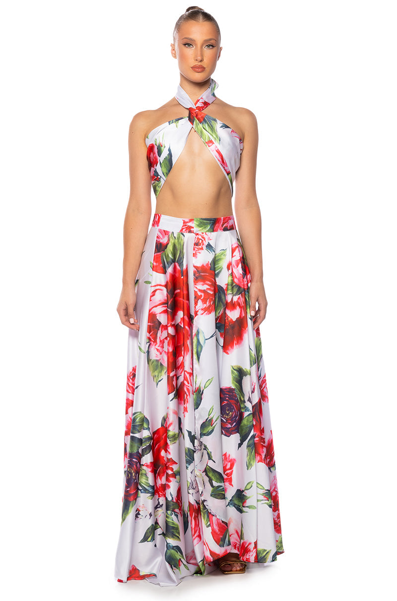 CARAMELLA MAXI SATIN WRAP SKIRT WHITE MULTI