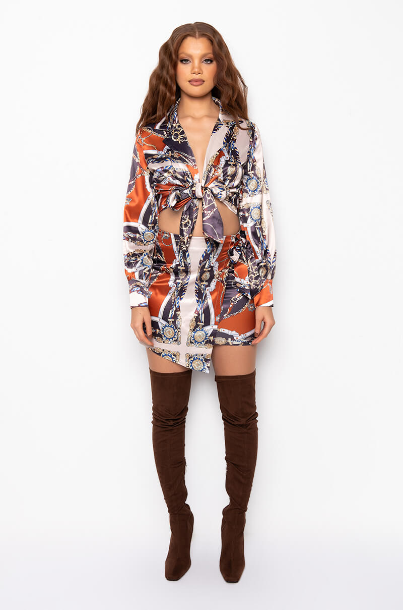 CATCH YOU ON THE FLIP SATIN TIE FRONT BLOUSE