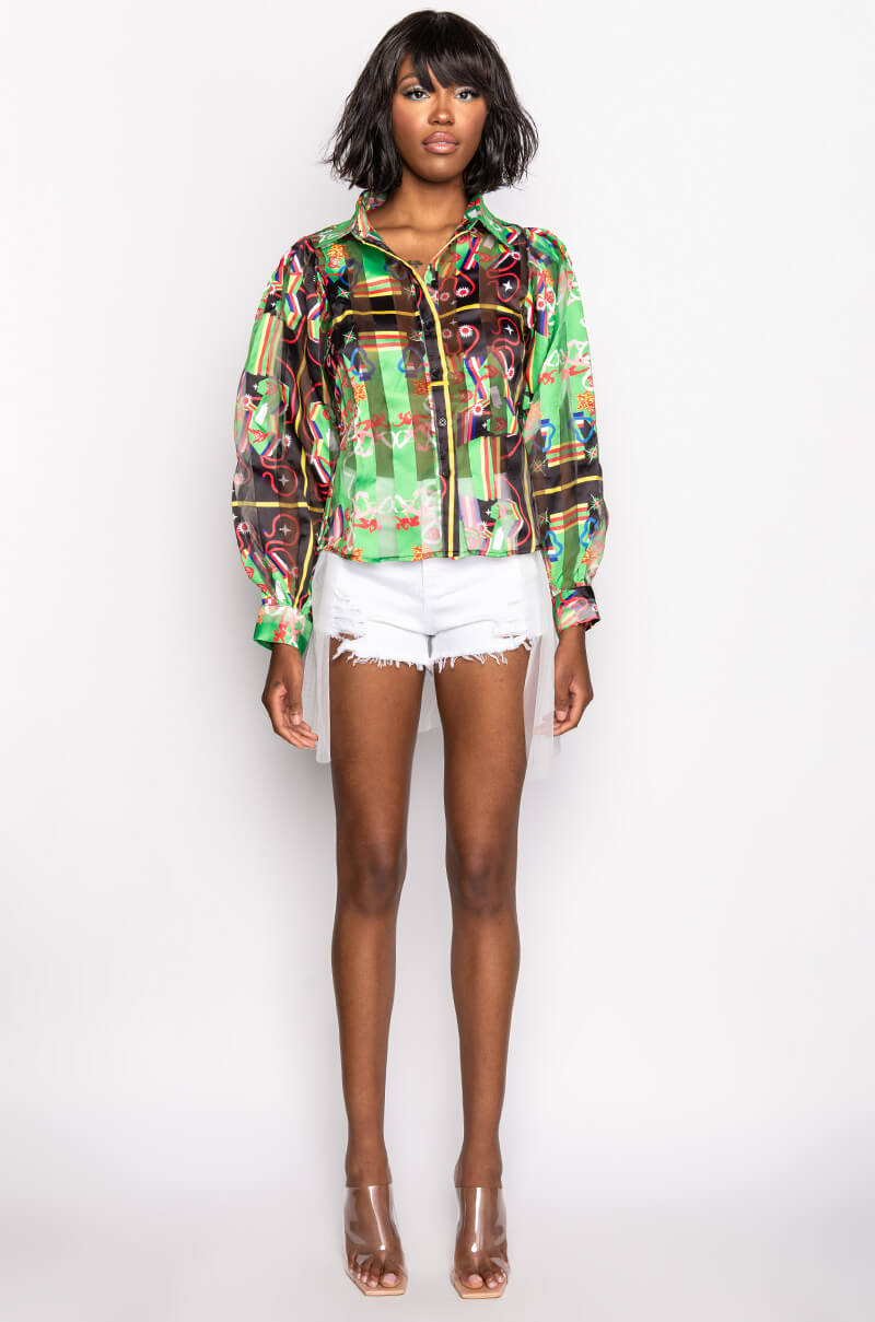 C'EST LA VIE PRINTED BLOUSE GREEN MULTI