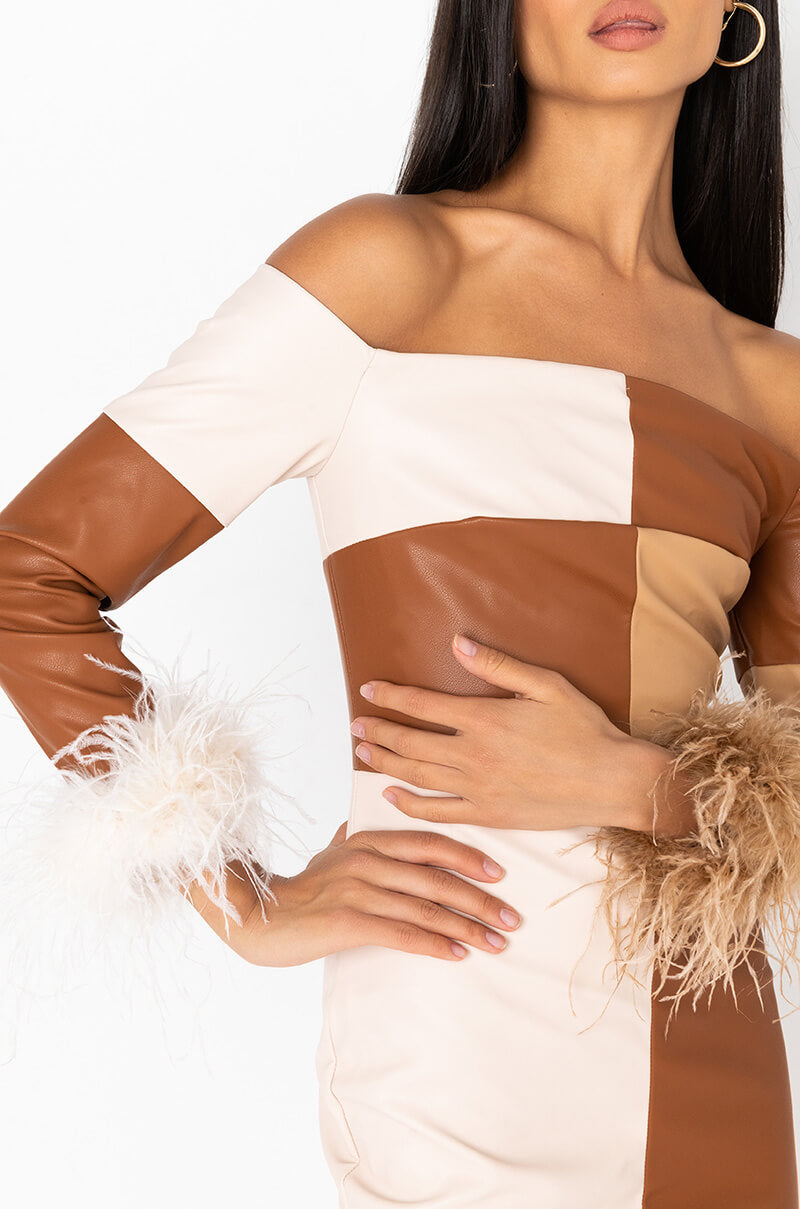 CHECK HER OUT REAL FEATHER PU MINI DRESS
