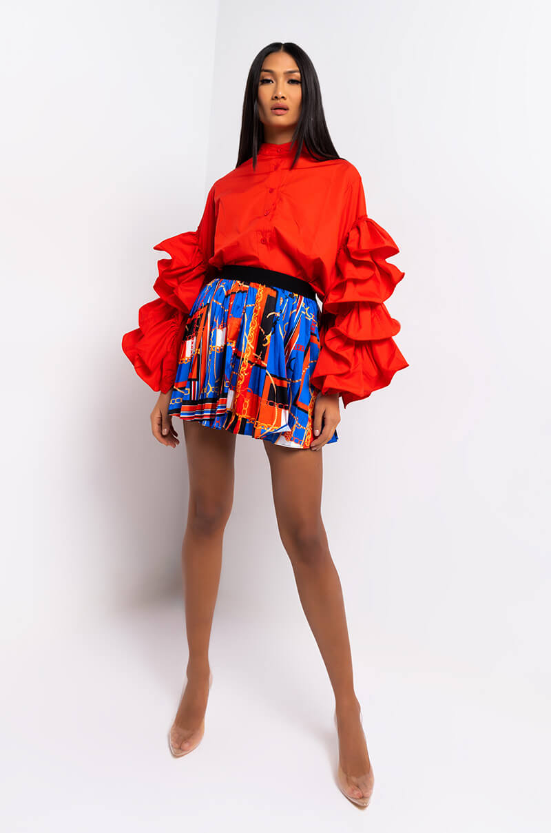 CHIC SATIN PLEATED MINI SKIRT BLUE MULTI