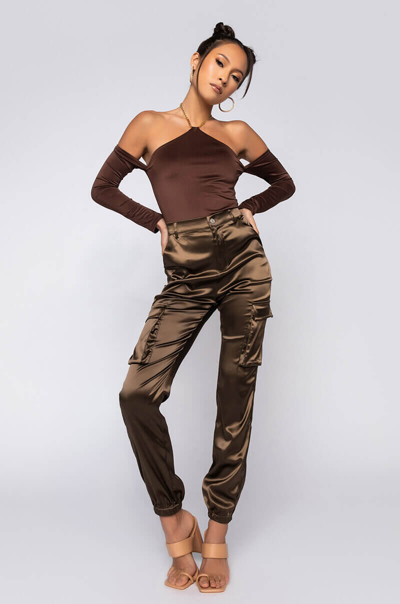 CHOCOLATE HALTER NECK CHAIN DETAIL LONG SLEEVE BODYSUIT