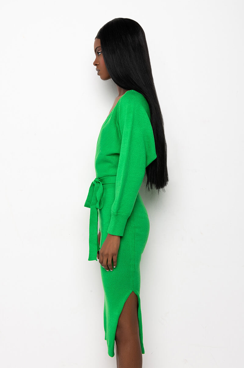 CLASSY WRAP TOP SWEATER MIDI DRESS GREEN