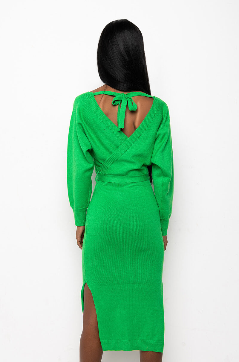 CLASSY WRAP TOP SWEATER MIDI DRESS GREEN