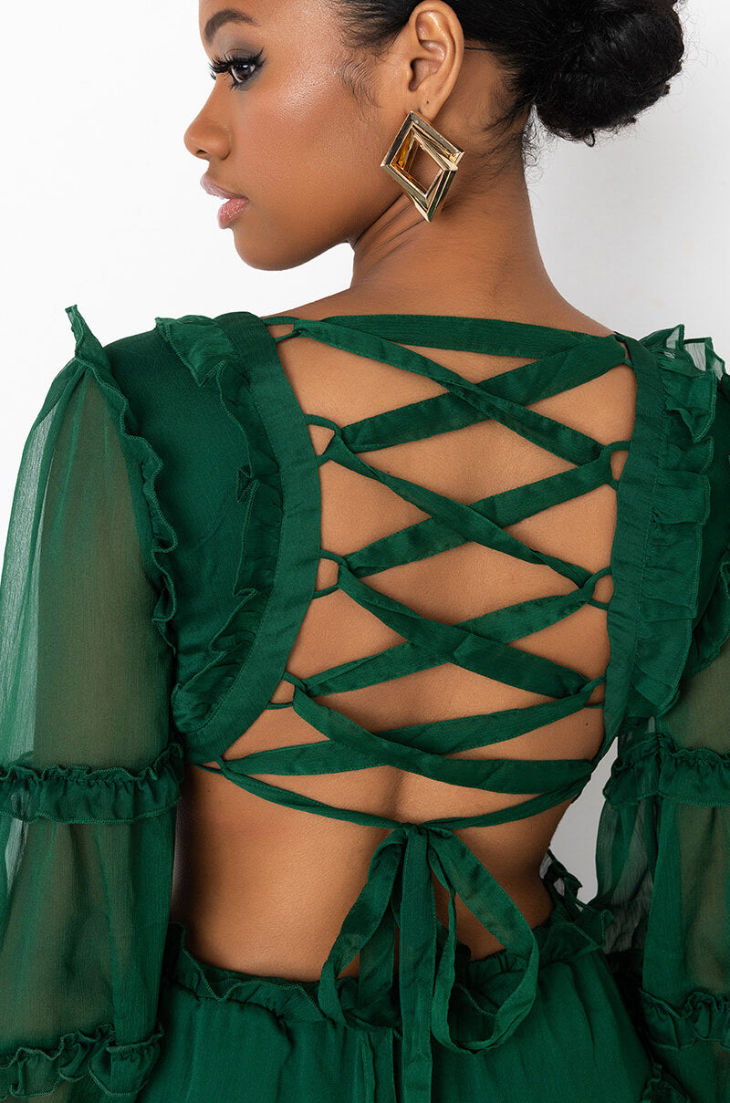 COCKTAIL HOUR CHIFFON MINI DRESS HUNTER GREEN