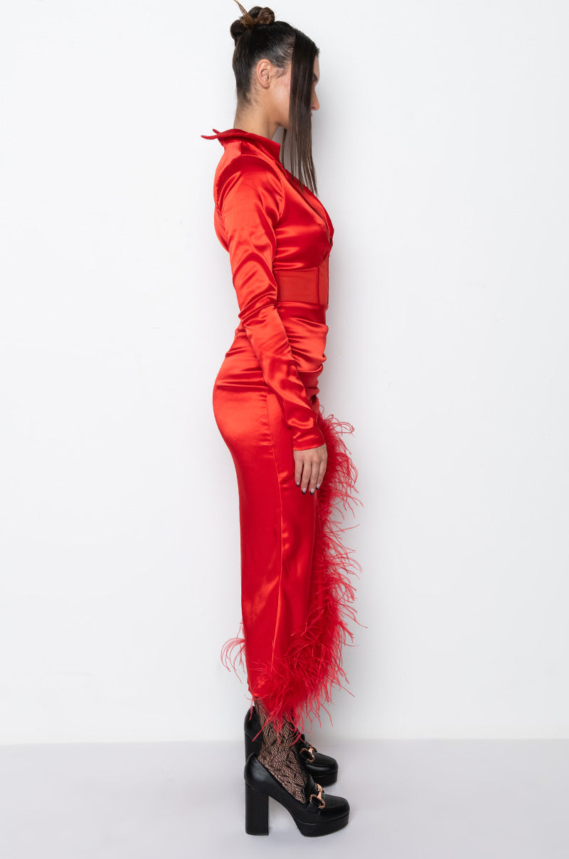 CORSET DETAIL SATIN REAL FEATHER MIDI DRESS RED