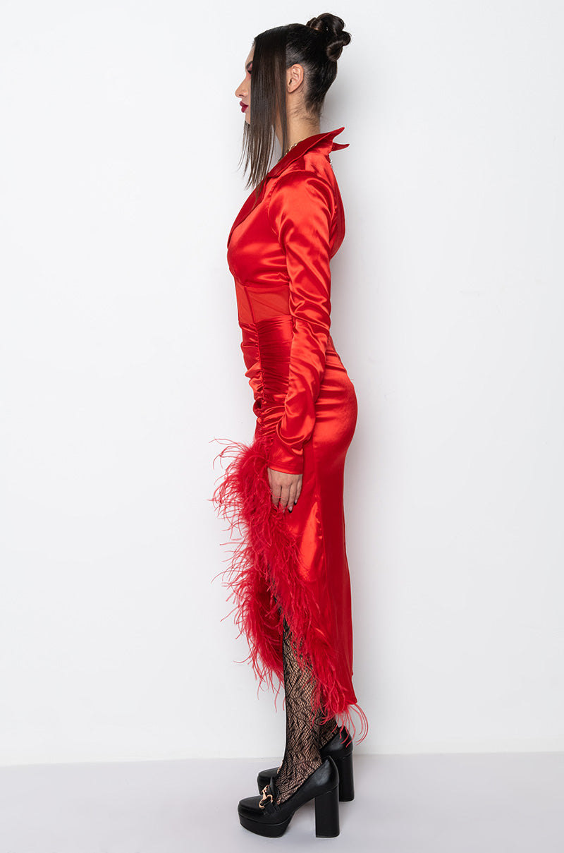 CORSET DETAIL SATIN REAL FEATHER MIDI DRESS RED
