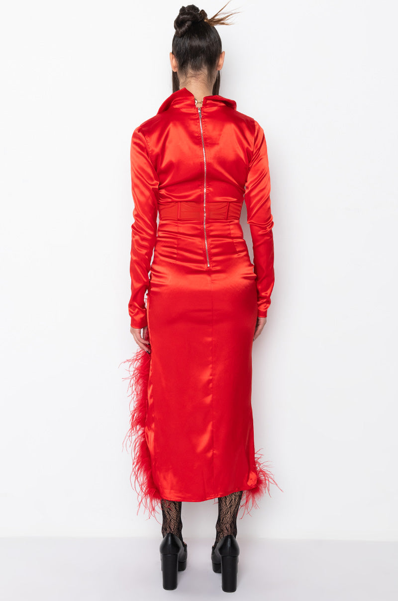 CORSET DETAIL SATIN REAL FEATHER MIDI DRESS RED