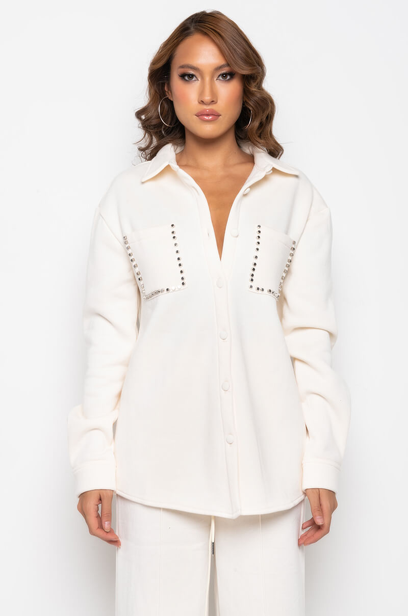 COZY AF FLEECE BUTTON DOWN SWEATSHIRT IVORY