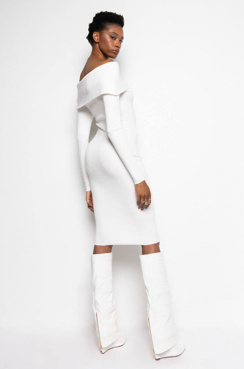 COZY AF PLUSH OFF THE SHOULDER MIDI SWEATER DRESS IVORY