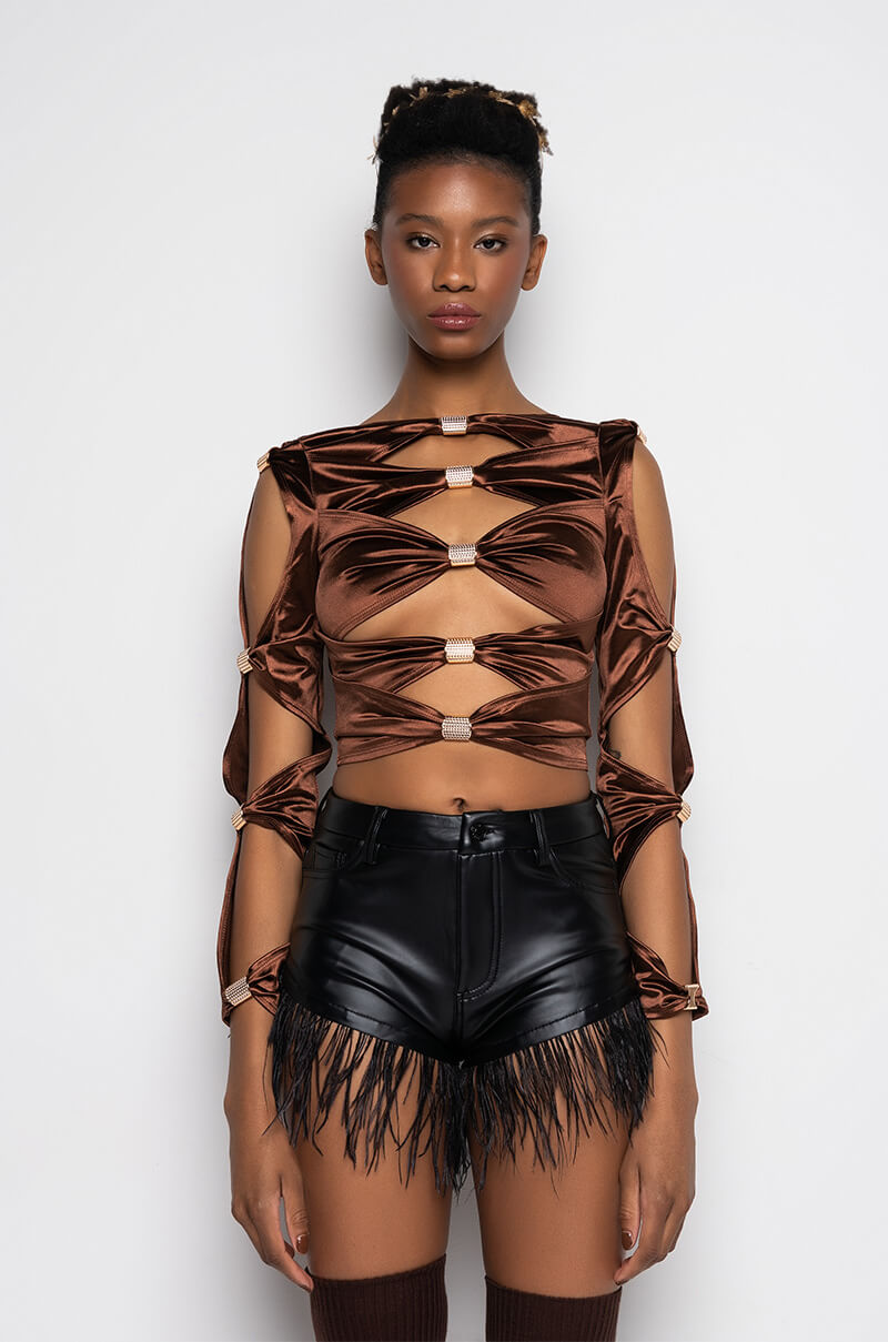 CRY ME A RIVER FASHION TOP WITH CUT OUTS LIGHT BROWN