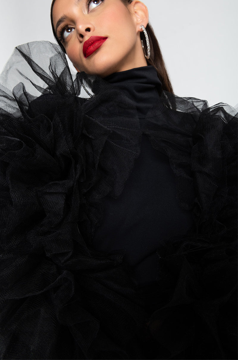 DARING TULLE RUFFLE LONG SLEEVE TOP BLACK