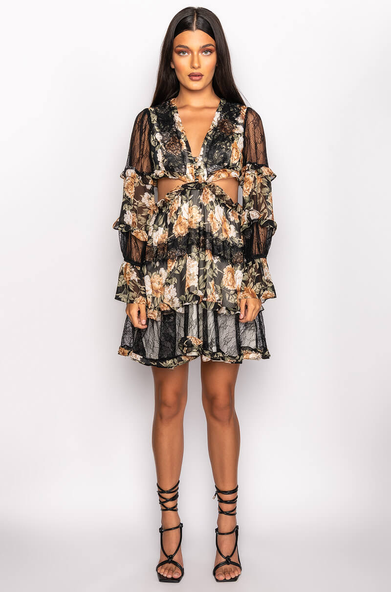DATE NIGHT MINI FLORAL DRESS WITH CUT OUTS